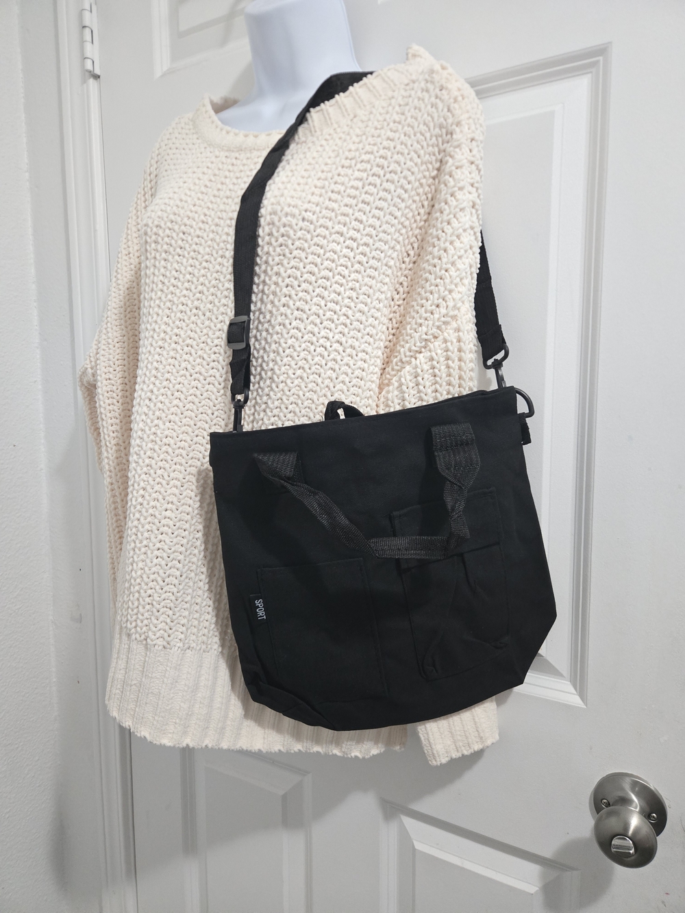 Black Canvas Tote Bag with Adjustable Strap - Unbranded